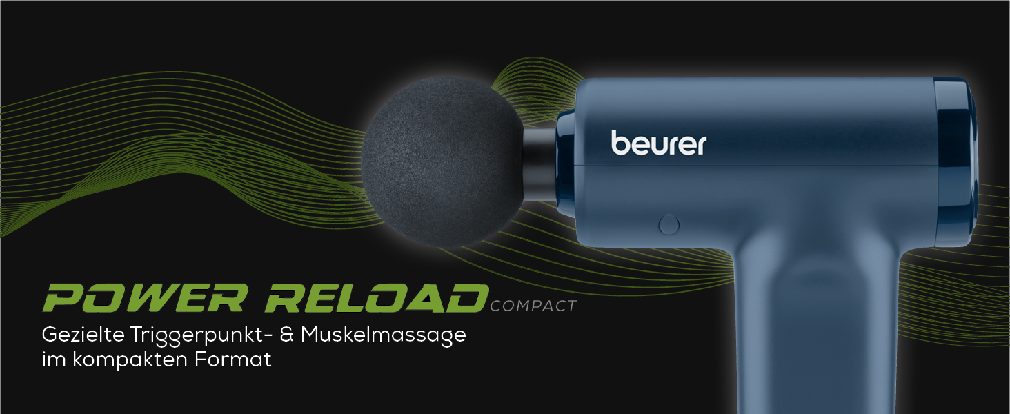 Масажний пістолет Beurer PowerReload: професійний масажер для м'язів з 5 насадками, 5 рівнями інтенсивності, акумулятор до 4 годин, синій