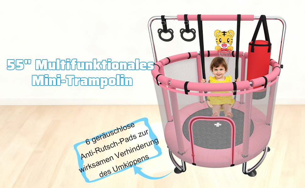 Дитячий батут з сіткою безпеки, регульованою перекладиною та гойдалкою, для хлопчиків та дівчаток 3-6 років (Рожевий)