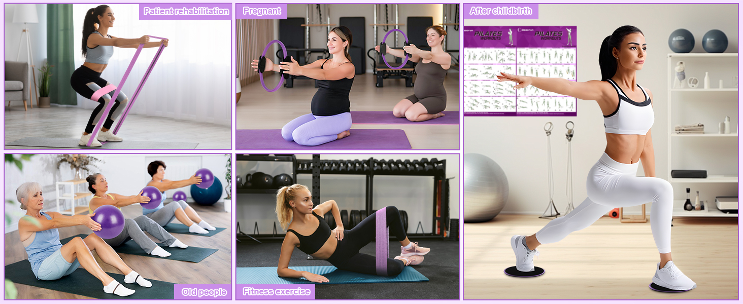 Pilates-кільце Goocrun з гумовими стрічками, м'ячем та слайдерами для фітнесу вдома – фітнес-постер у комплекті (середній рівень, фіолетовий)