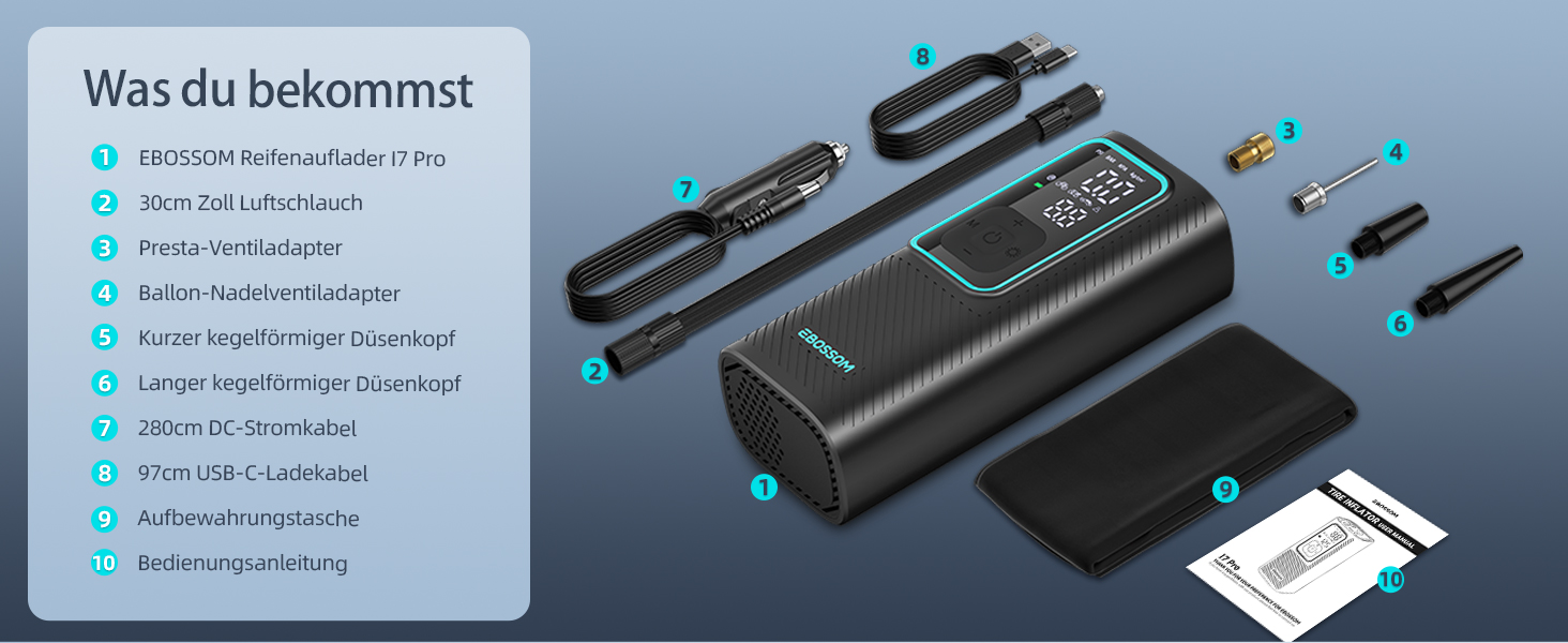 Електрична повітряна помпа 10.3 Bar з акумулятором, компресор Mini 6000mAh & 12V DC, портативна помпа для авто, мотоцикла, велосипеда з LED-підсвічуванням та автоматичним відключенням, блакитна I7