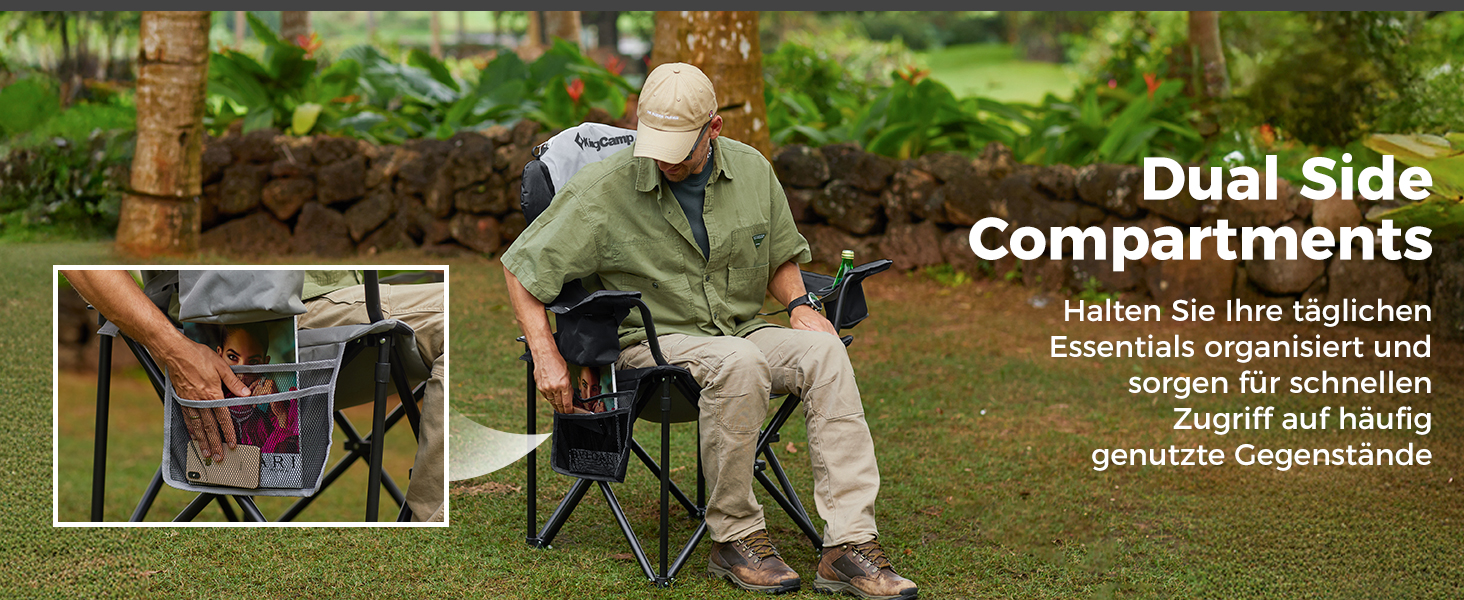 Складний туристичний стілець KingCamp для відпочинку, риболовлі та саду. Міцний, з регульованою підтримкою попереку, кишенькою-холодильником та підлокітниками. Максимальне навантаження: 205 кг. Чорний класичний колір.