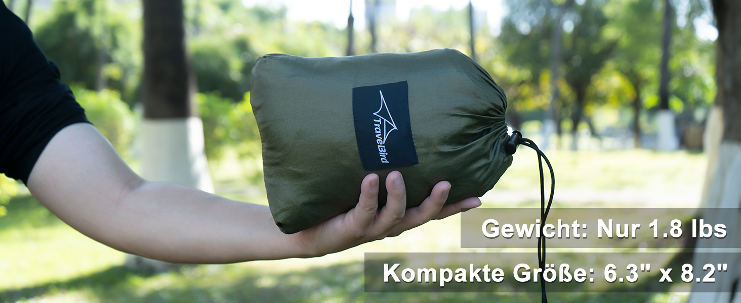 Гамак для кемпінгу Travel Bird з москітною сіткою та стропом, великий для 2 осіб, 290 x 140 см, легкий, для відпочинку на природі, походів, подорожей та рюкзаків, колір: оливковий