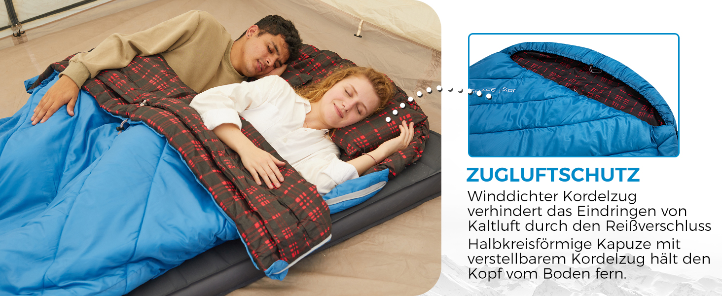 Спальний мішок KingCamp для 2 осіб з фланелі, зимовий, теплий, 3-4 сезони, з 2 подушками, для кемпінгу та відпочинку на природі (синьо-блакитний)