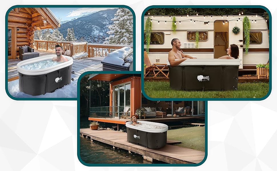 Зручна складана ванна для дорослих 147x74x60 см – комплект з аксесуарами для теплої та холодної ванни, портативна, для дому та відпочинку на природі, чорно-біла, MelodieGesund