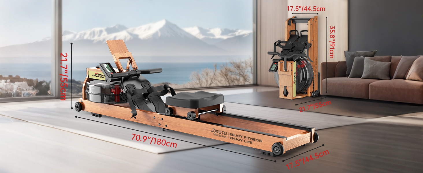 Гребний тренажер JOROTO MR280PROB для дому з дуба, з Bluetooth, складний, з дисплеєм та підтримкою Kinomap, регульований тримач для планшета, до 150 кг