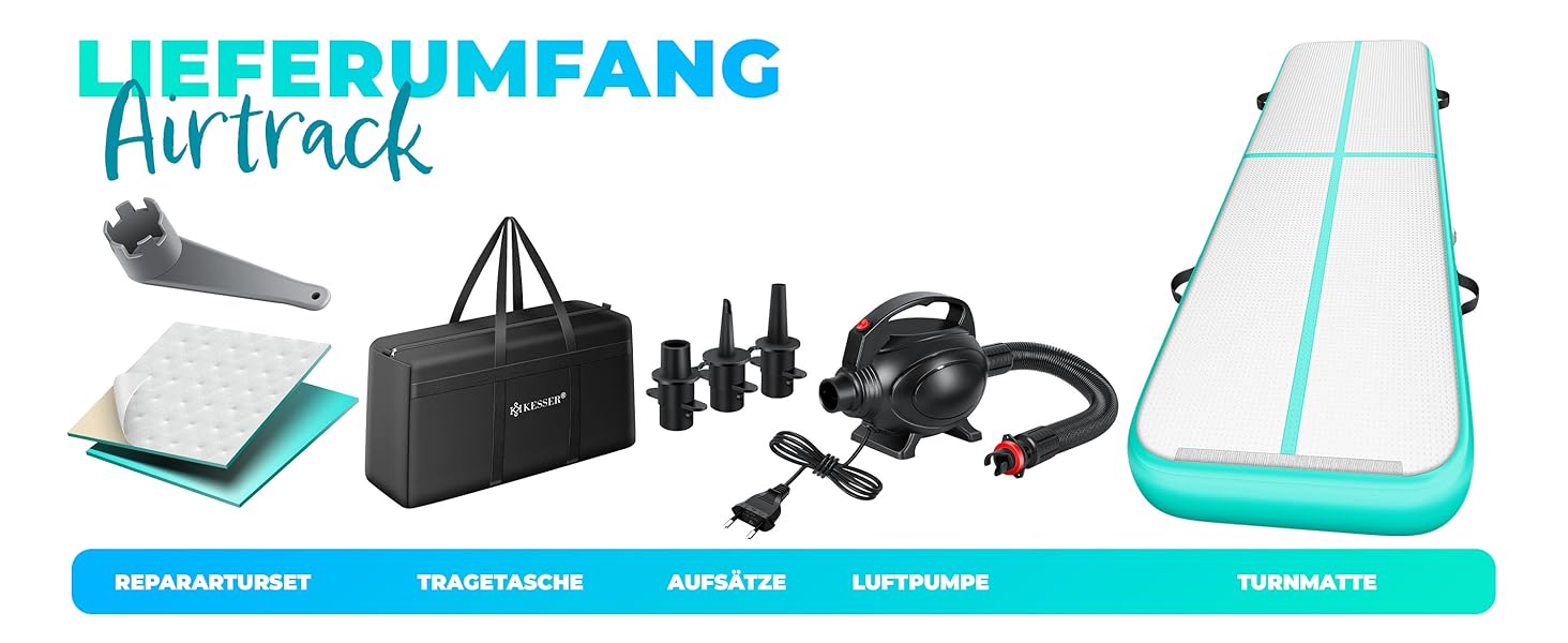 Надувна гімнастична мата KESSER® Airtrack: 2м/3м/4м/5м/6м. Мата для фітнесу, йоги, акробатики. В комплекті сумка та електронасос. Розмір: 300 x 100 x 10 см. Колір: м'ятно-зелений