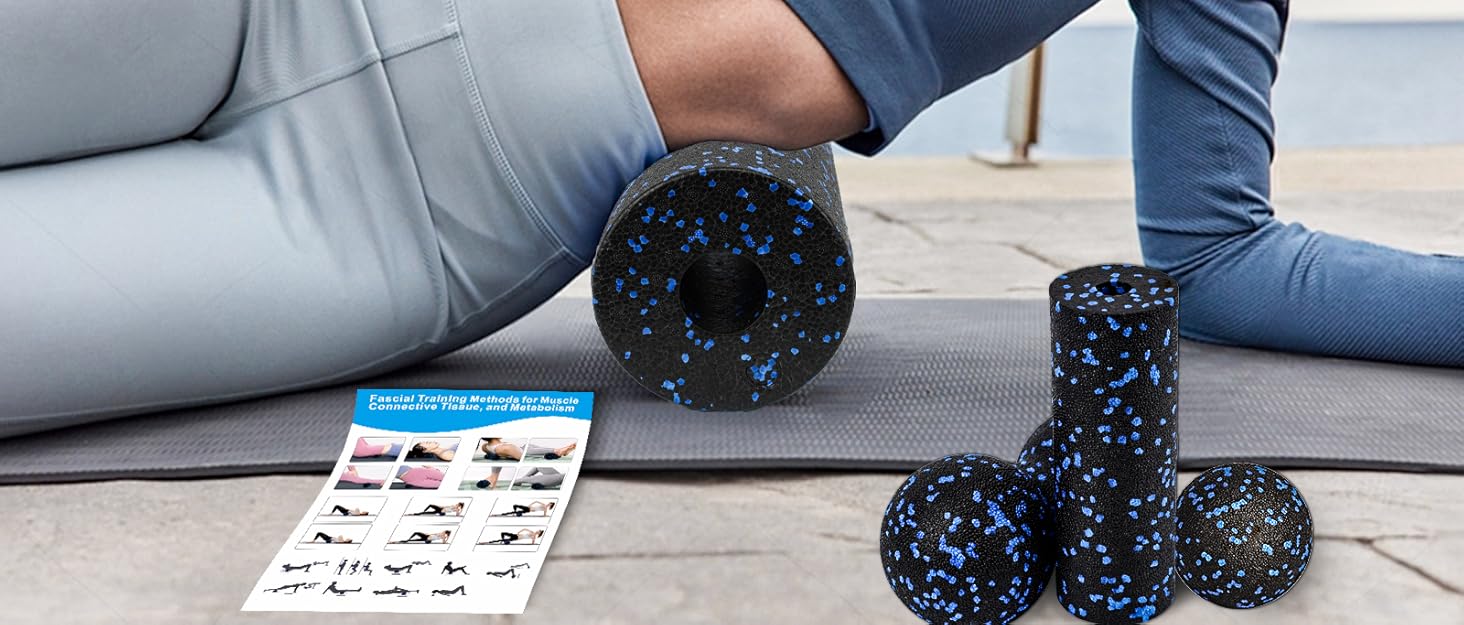 Набір ролерів для м'язів: Foam Roller, м'ячик для фасції, міні ролер, дуобол для йоги та фасціального тренінгу (синій)