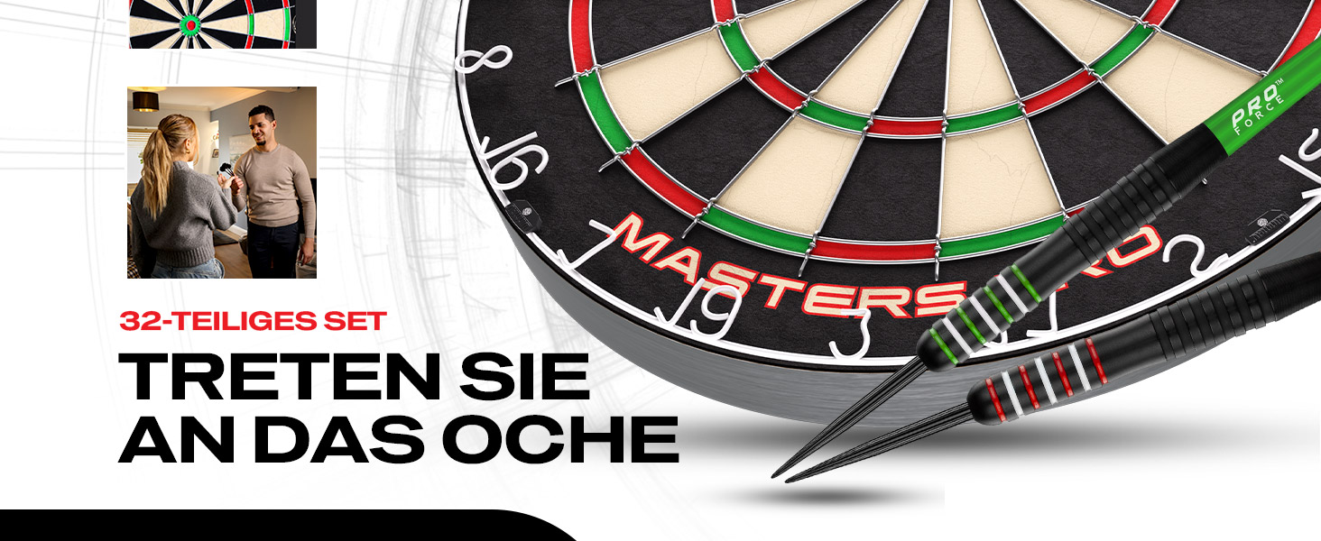 Дартс Winmau Masters Pro з лінією кидка та 6 дротиками - професійна сталева мішень PDC, сизаль високої щільності, ультратонкий дріт
