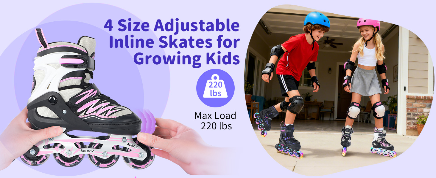 Інлайни BELEEV для дітей, підлітків та дорослих, ролики з регульованим розміром, світлодіодні шнурки та колеса, фіолетовий (EU 38-41)