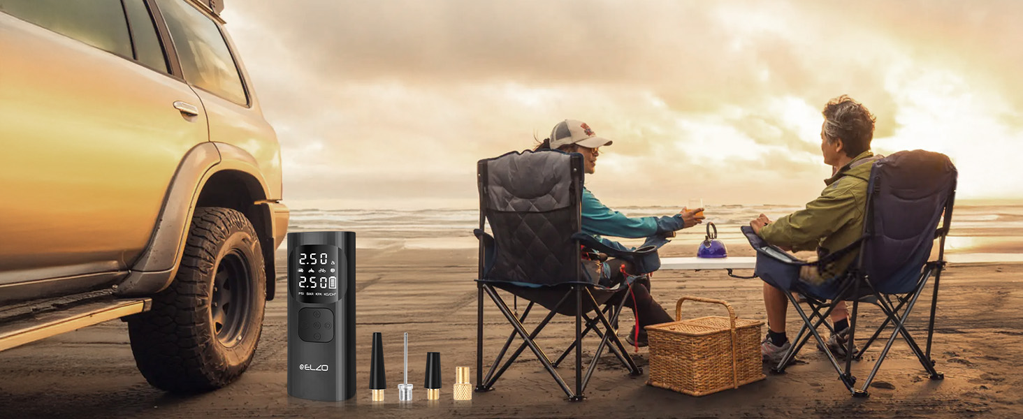 Електричний компресор ELZO для велосипедів, м'ячів та авто: 150 PSI, 7500mAh, LCD-дисплей, автостоп