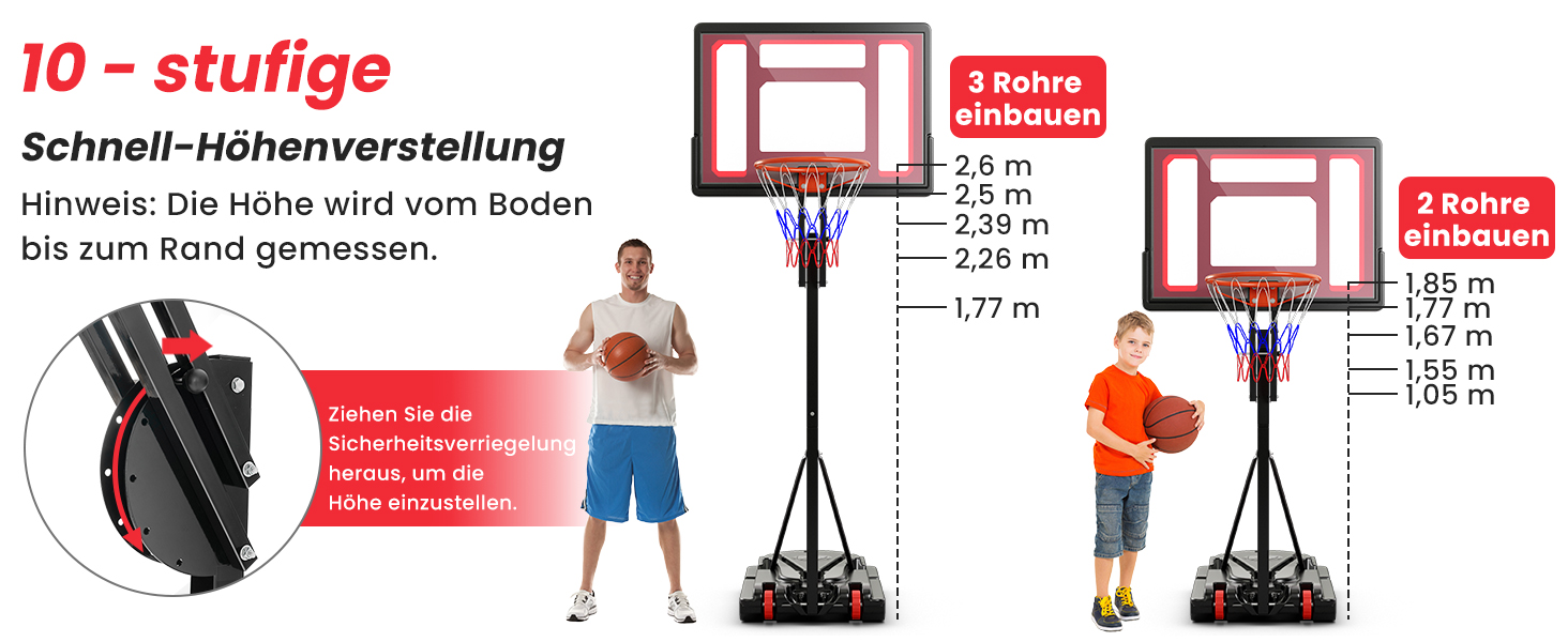 Баскетбольний кошик GOPLUS вуличний з підставкою, регульована висота 105-260 см, портативний баскетбольний стенд на колесах для дітей та підлітків