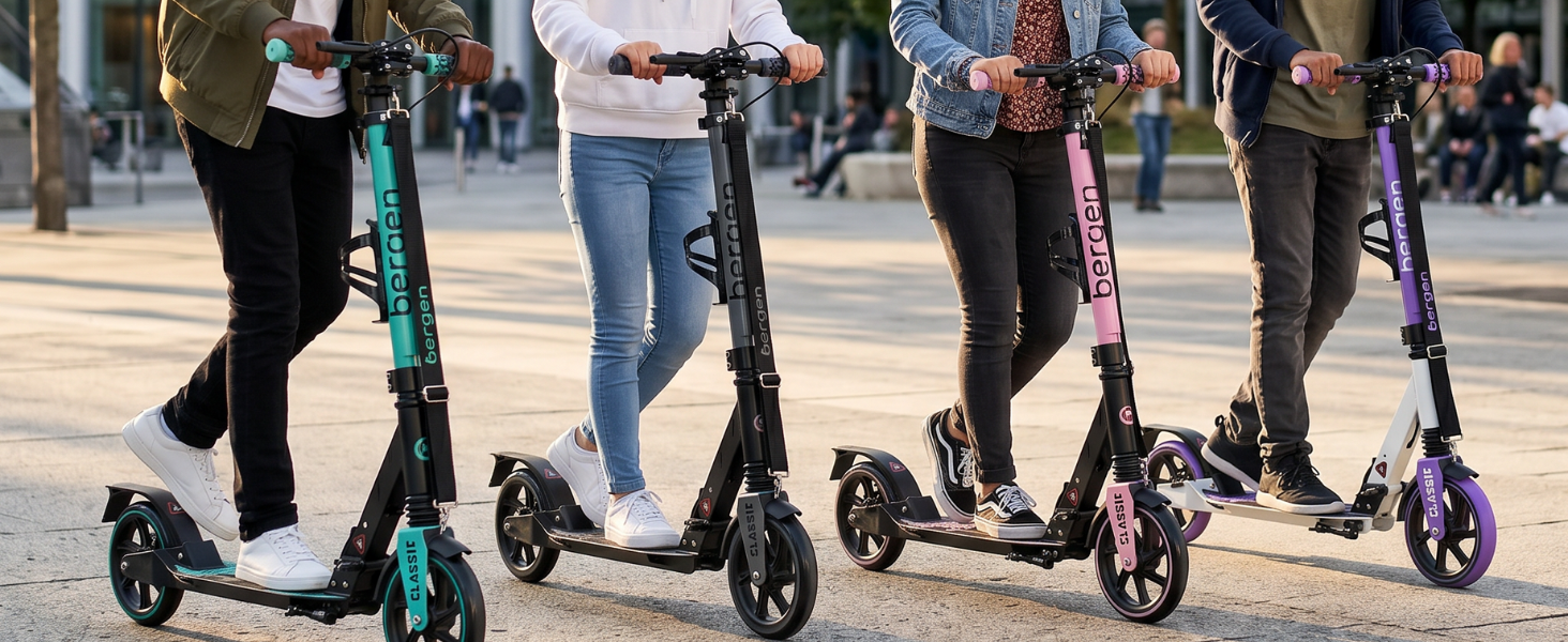 Самокат міський Bergen City Scooter Classic складаний - 200 мм колеса, дискове та ножне гальмо, 2 амортизатори, алюмінієвий, регульована висота, для дітей від 6 років та дорослих до 100 кг, фіолетовий
