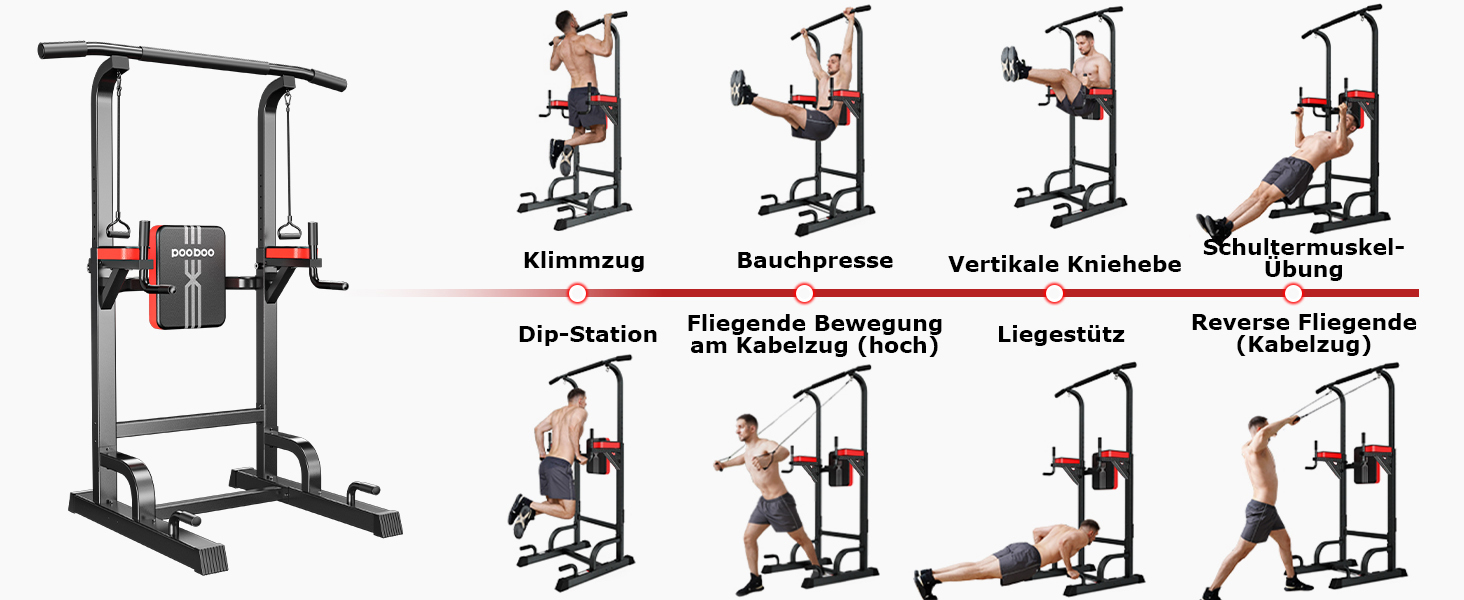 Силовий комплекс Pooboo Power Tower: багатофункціональний турнік з брусами для дому, 11 рівнів регулювання висоти, еластичні стрічки, чорний