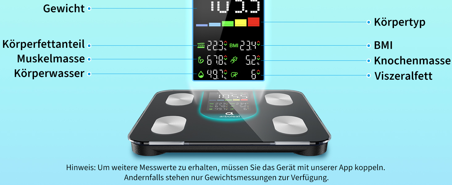 Вага Arboleaf для вимірювання жиру в тілі, аналіз складу тіла з LED-дисплеєм, Bluetooth, до 180 кг, чорний CS20L
