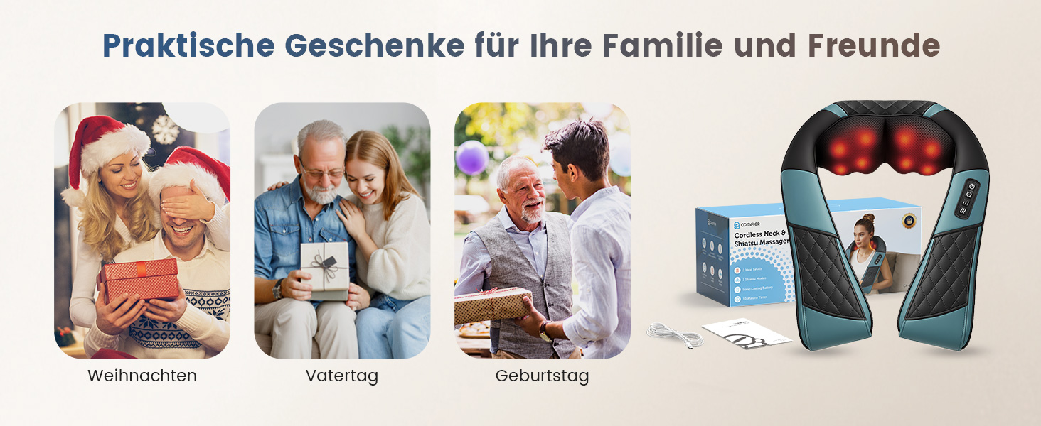 Масажер для шиї COMFIER бездротовий Shiatsu з підігрівом, 3D глибокий масаж, для шиї, спини, попереку, подарунок для жінок та чоловіків, блакитно-чорний