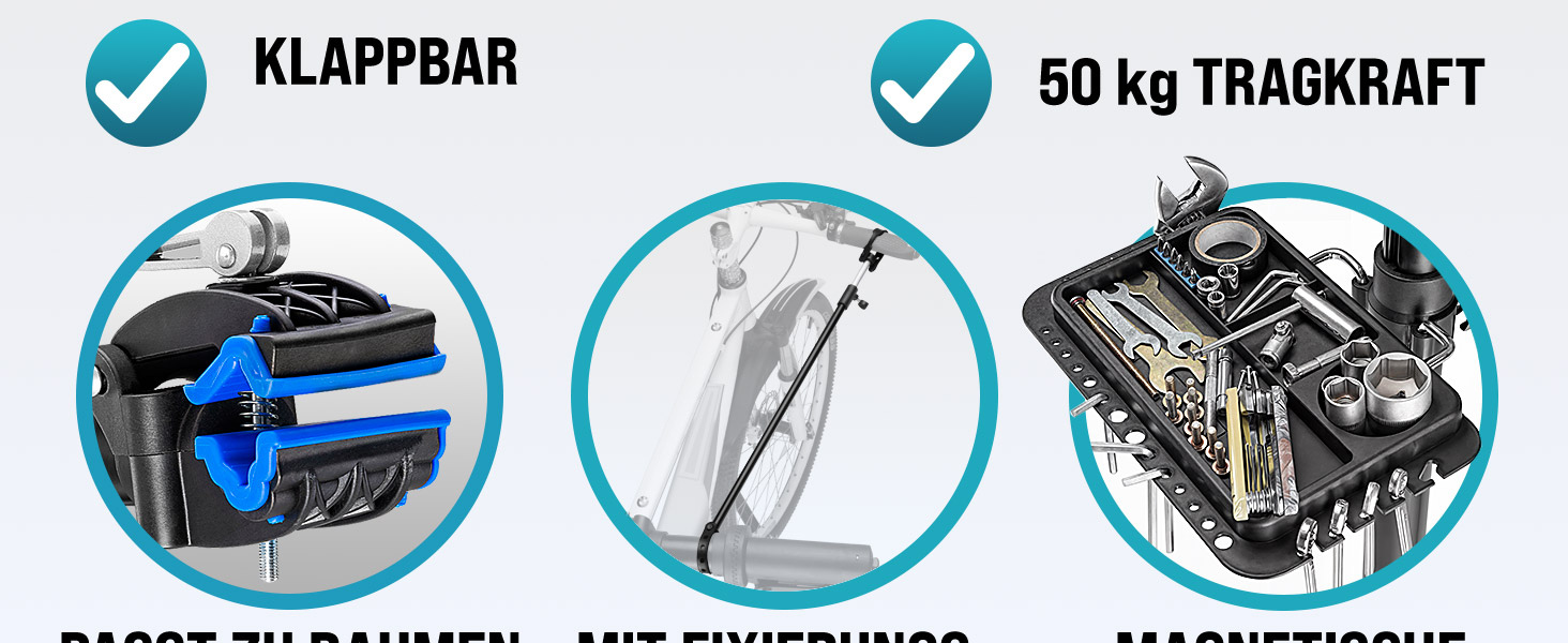 Підставка для збирання велосипедів Monzana® Profi: сталева, складна, регульована по висоті, 50 кг, для E-bike, з органайзером для інструментів та мішком для багажу