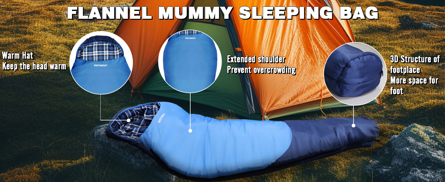 Спальний мішок WKFAMOUT Mumienschlafsack Outdoor -12°C-0°C [500GSM] з фланелі для кемпінгу та подорожей. Підходить для дорослих та дітей. Зручний, теплий, машинне прання.
