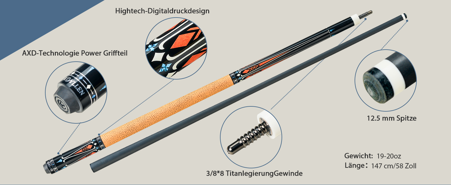 KONLLEN Billardqueue з карбону, 58 дюймів, професійний бик для дорослих, технологія Vollcarbon, низький коефіцієнт відхилення, бик для більярду з наконечником 12,5 мм (Pro Taper, ультрагладкий) KL-09