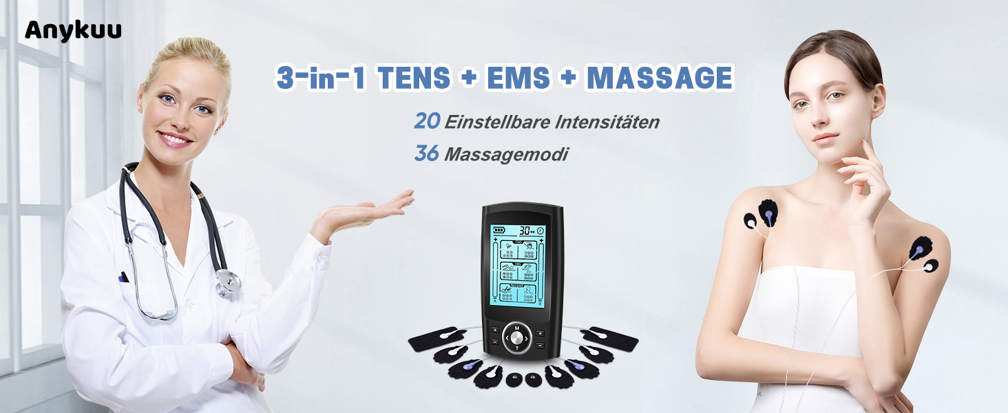 EMS масажер TENS з 36 програмами та 10 електродів для зняття болю та масажу, 2 канали, акумуляторний