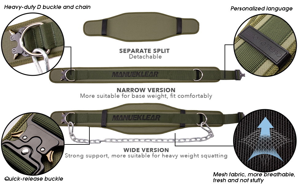Пояс для занурення MANUEKLEAR для чоловіків та жінок, двошаровий пояс для важкої атлетики з ланцюгом та карабіном, пояс з обтяженнями для бодібілдингу та силових тренувань оливково-зелений