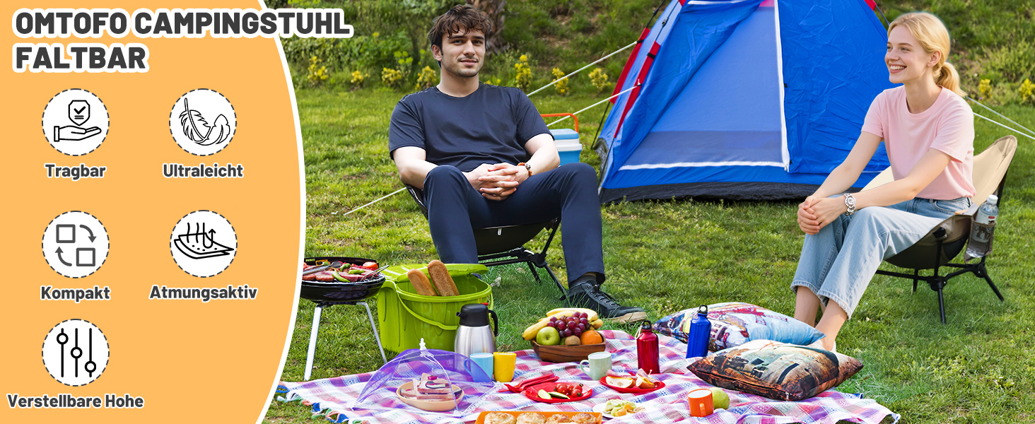 Складний туристичний стільчик для кемпінгу, Ultraleicht, регульована висота, з кишенями, компактний, для пікніків, риболовлі, саду, походів, спорту, відпочинку на природі, чорний