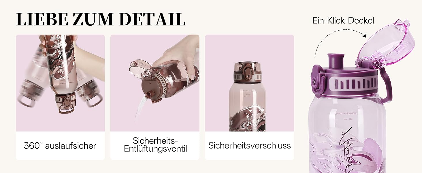 Дитяча пляшка для води UZSPACE 600 мл, спортивна, непроливальна, з одноручним відкриванням, для газованої води, придатна для миття в посудомийній машині, для школи та активного відпочинку, білий колір