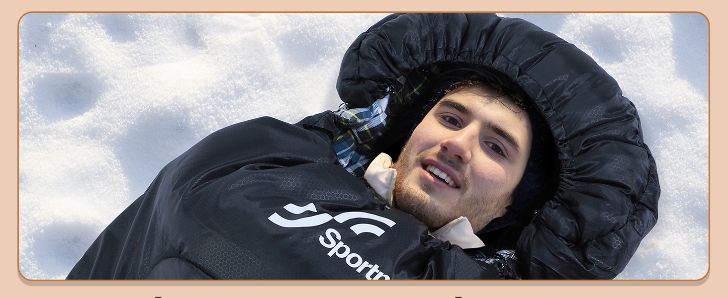 Сплячий мішок Sportneer для кемпінгу на зиму, фланель 220 x 85 см, знімний капюшон, компактний, для холодної погоди, чорний