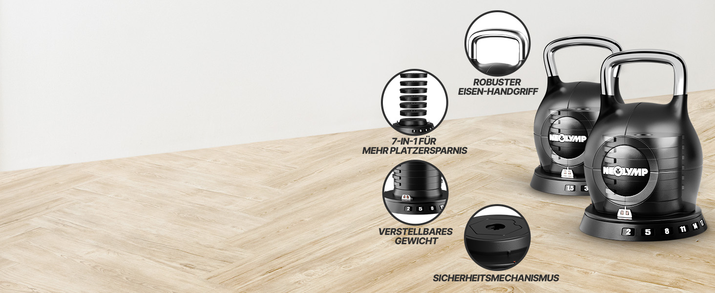 Набір гирь NEOLYMP 2-20 кг (7-в-1) регульовані для тренувань вдома - чавунні гирі з міцною нержавіючою ручкою для ефективних махів