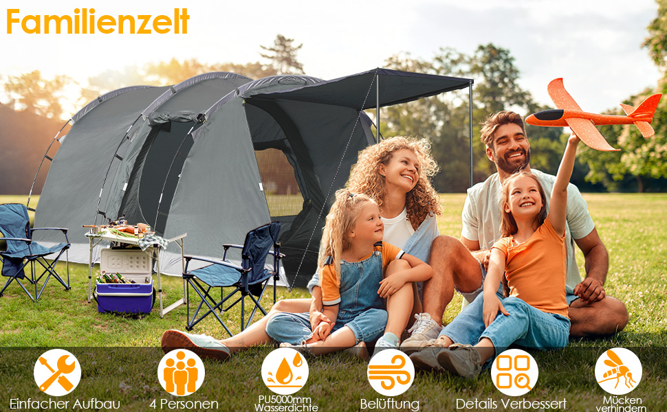 Намет для кемпінгу на 4 особи: водонепроникний тунельний намет для сім'ї та групи, з шатром для сну, сірий