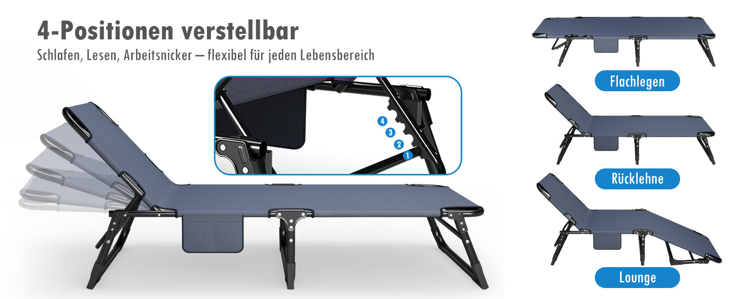 Розкладне шезлонг з регульованою спинкою в 4 положеннях, портативний багатофункціональний лежак для кемпінгу, саду, басейну, патіо - блакитний, з м'яким матрацом та подушкою