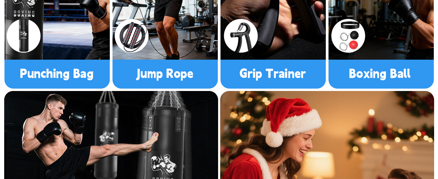 Боксерський мішок для дорослих Ninonly 120см, наповнений, з рукавичками, реактивним м'ячем, тренажером сили рук, скакалкою для MMA, карате, кікбоксингу, боксу, домашніх тренувань