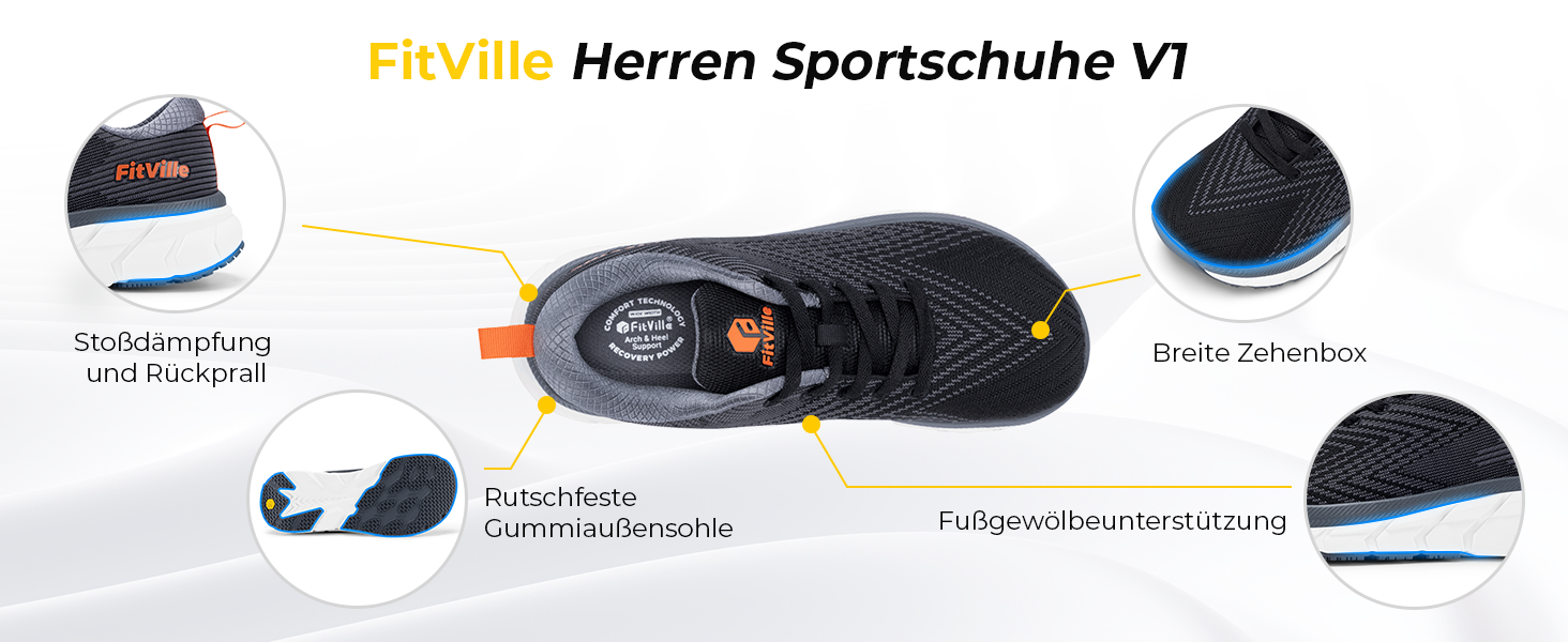 Чоловічі бігові кросівки FitVille з широкою колодкою, амортизація, легкі, дихаючі, для тенісу, фітнесу, джогінгу та ходьби (46 EU, чорний з сірим)