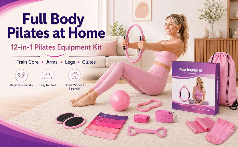 Pilates Ring 12-в-1: Набір для пілатесу з м'ячем, гумовими стрічками, дисками для ковзання, шкарпетками та сумкою, Рожевий