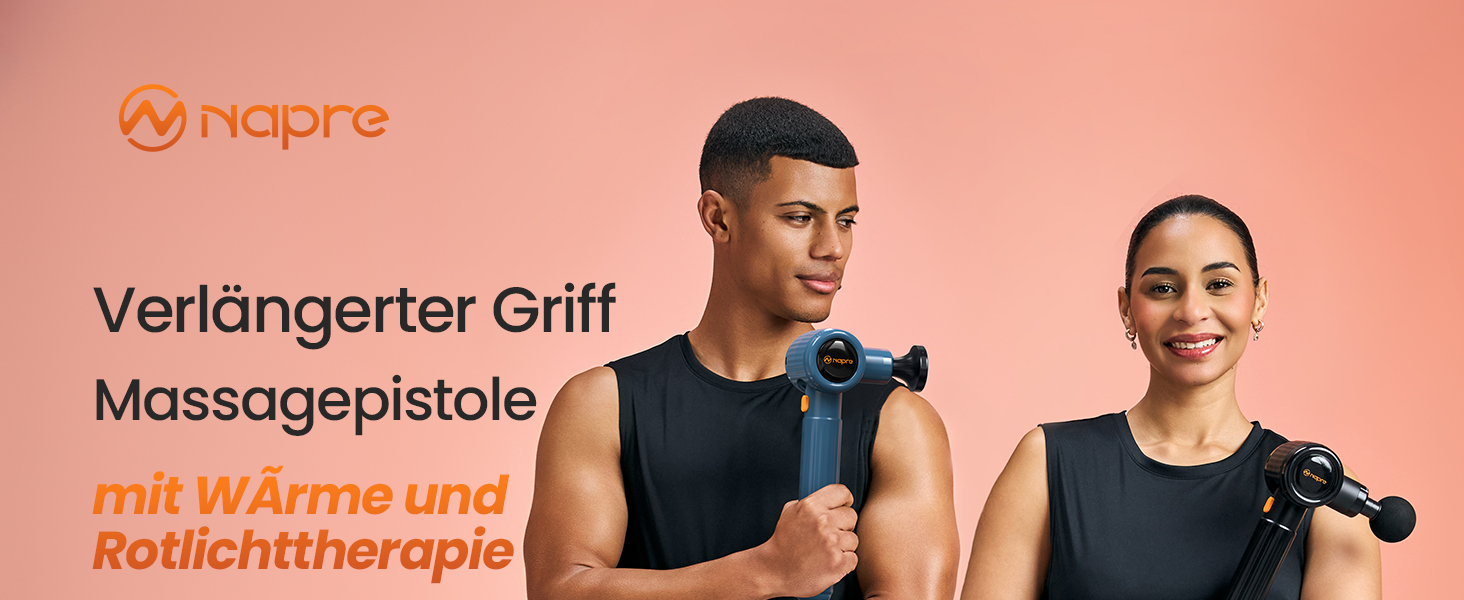 Масажний пістолет Napre з підігрівом та червоною світлотерапією для м'язів спини та шиї, з подовжувальною ручкою та 3 кутами нахилу