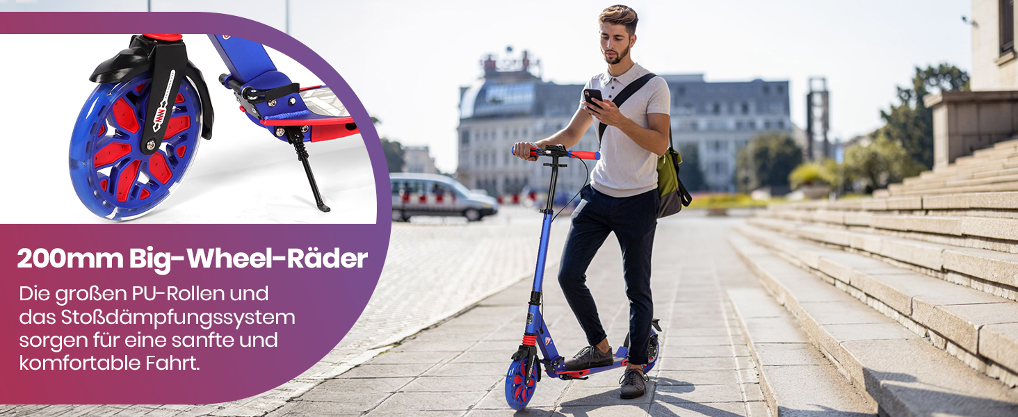 Самокат трюковий Kickscooter LED-синій, для дітей 8-12 років та дорослих, колеса 200 мм, дискові гальма, складаний, з ременем та подвійною амортизацією