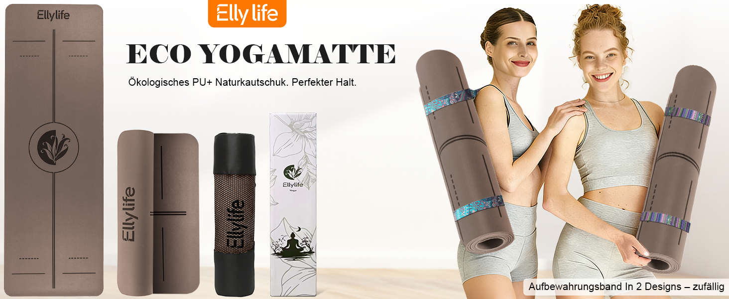 Килимок для йоги та пілатеса з еко-каучуку та TPE, протиковзкий, з лініями розмітки та ременем для перенесення, коричневий, 4мм