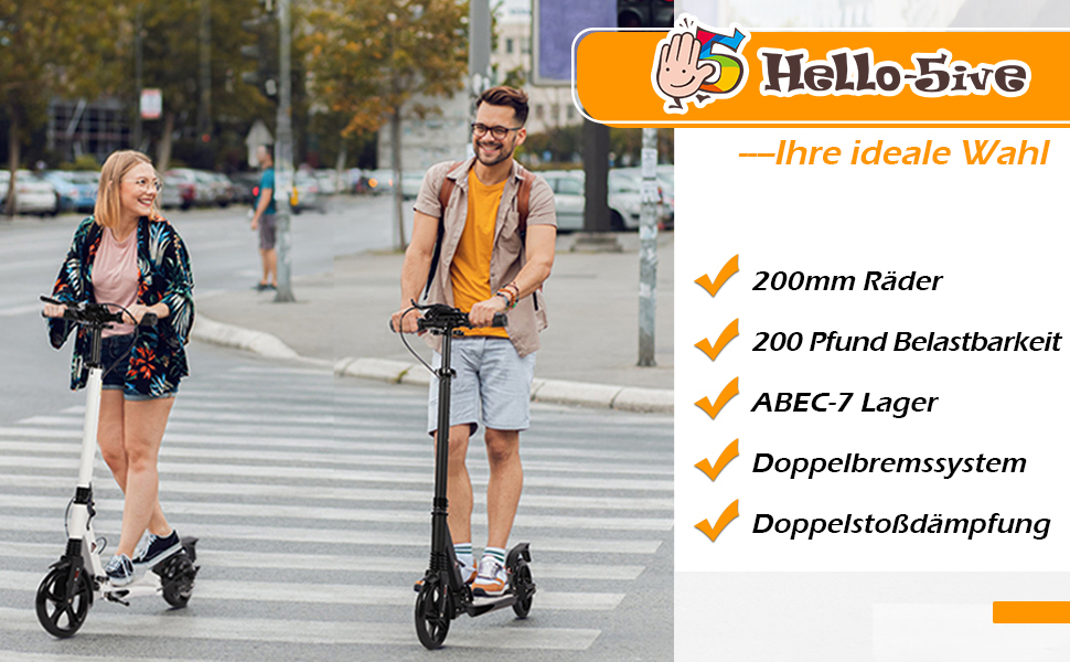 Дитячий складаний самокат з великими колесами 200 мм, дискові гальма, регульована висота, з ремінним ременем, для дітей 8-15 років (Білий)