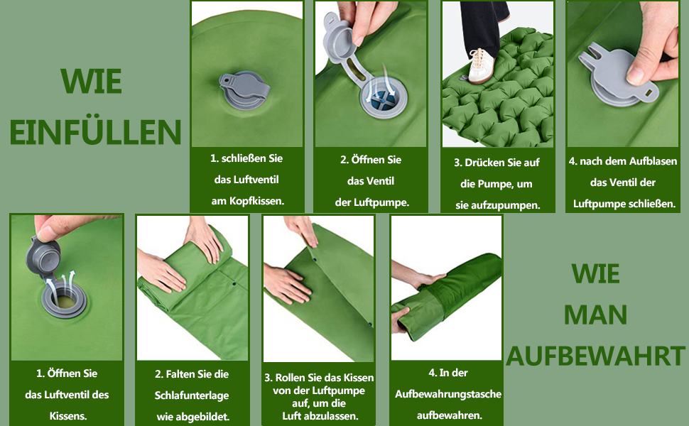 TENQUAN Килимок для кемпінгу самонадувний, 9см, для сну, відпочинку, подорожей, з насосом, для авто, намету, трекінгу, пляжу (Pfauen/Grau) (Grün)