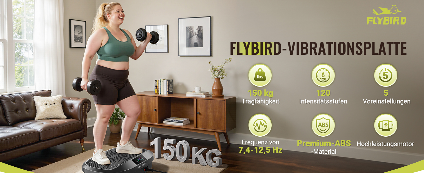 Платформа для вібраційного тренування FLYBIRD – Тест-переможець 2025, 120 швидкостей, 150 кг, дистанційне керування, для жінок, нарощування м'язів та лімфодренаж, чорний