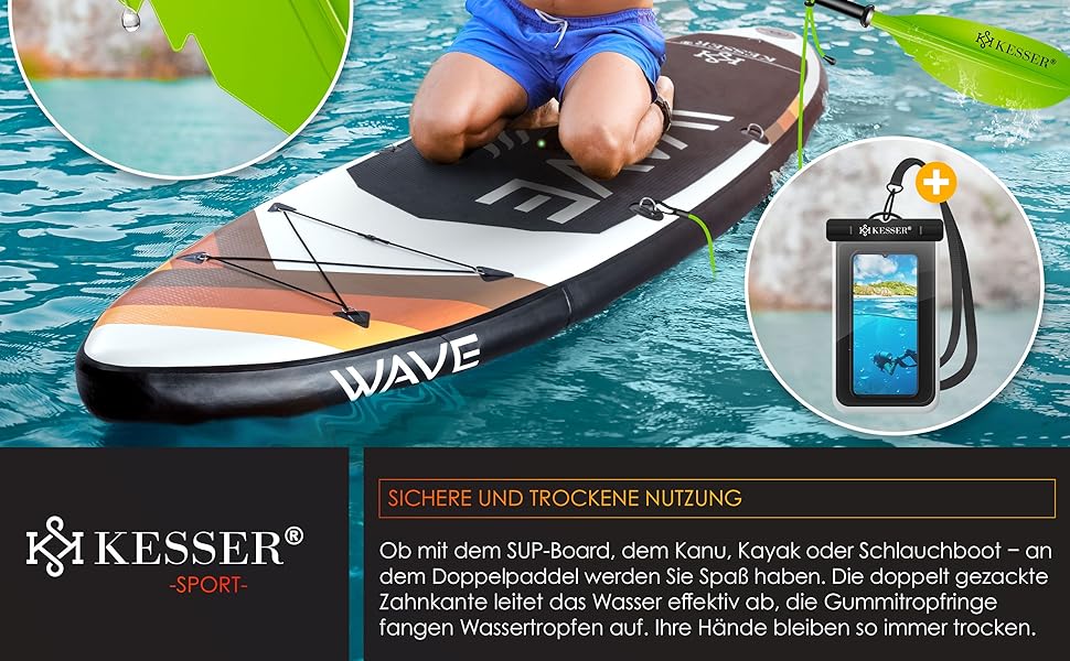 Веслування KESSER® Paddle Doppelpaddel - 4-частини для каяка, SUP, станд-ап паділбордингу, 228 см, алюміній. Ідеально для човна, веслування стоячи. В комплекті: страховочна мотузка, чохол для телефону, дошка для серфінгу. (Зелений)