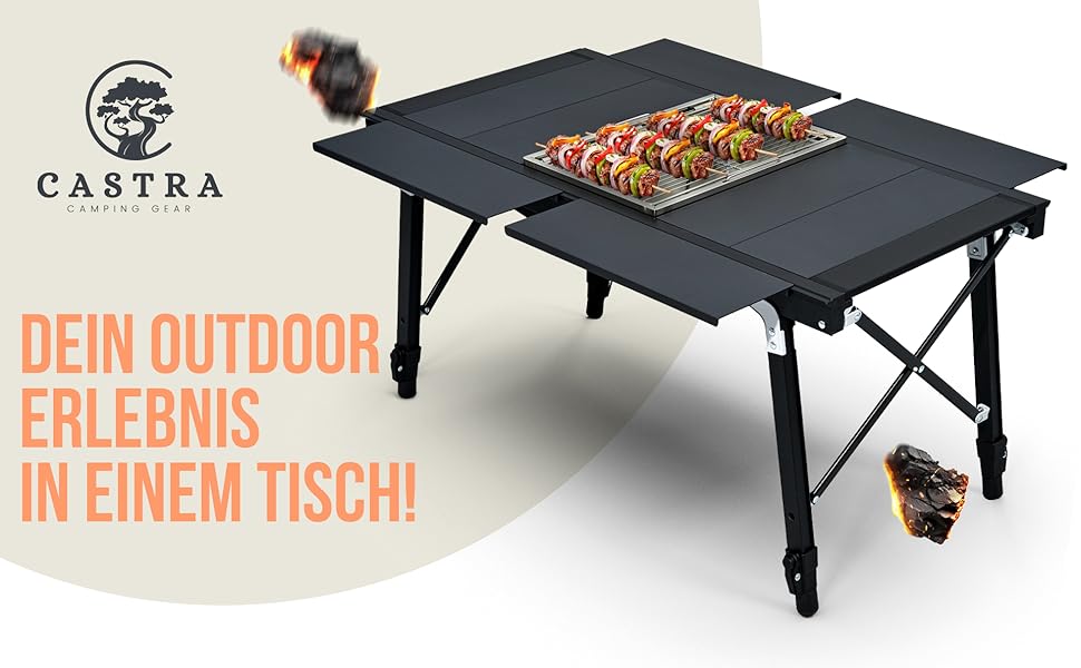 Преміум туристичний стіл Castra з інтегрованим грилем – алюміній 7075, регульована висота, для відпочинку на природі, вологостійкий, інноваційна складна система, багатофункціональний стіл та аксесуари для кемпінгу, саду, подорожей та риболовлі
