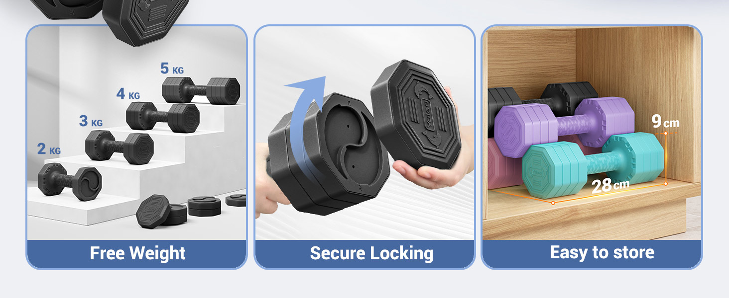 Набір гантелей Yoleo регульований 2/4 шт. для дому, 2 кг, 3 кг, 4 кг, 5 кг, з м'яким TPR-покриттям, для тренувань всього тіла, чорний