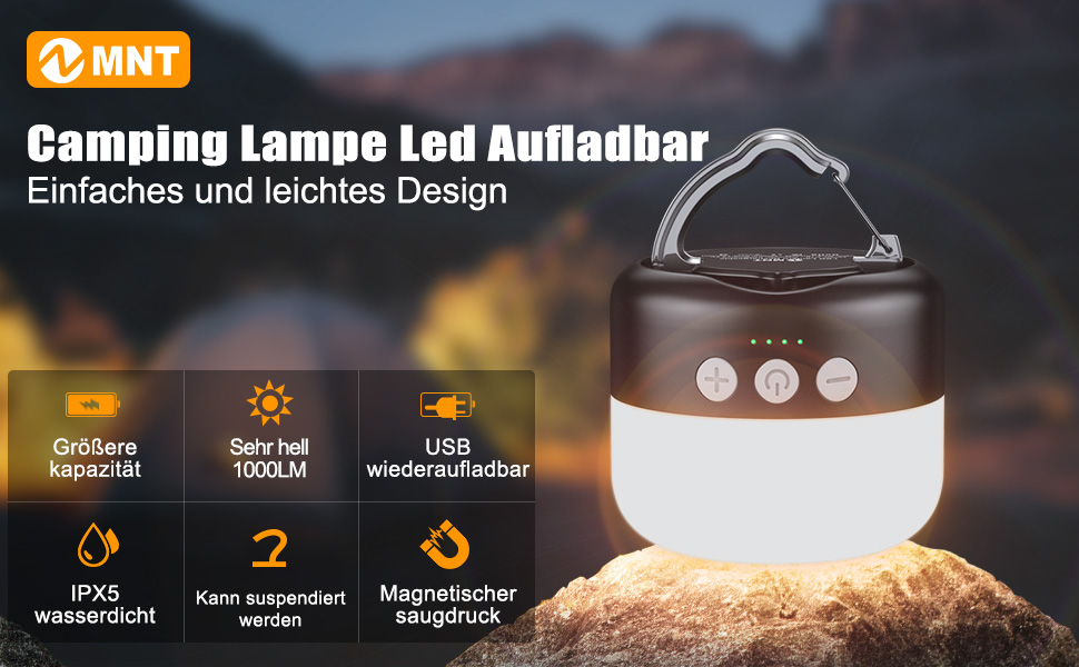 LED кемпінгова лампа ZMNT: перезарядна, димерна, магнітна, для походу, намету, аварійні ситуації, чорний