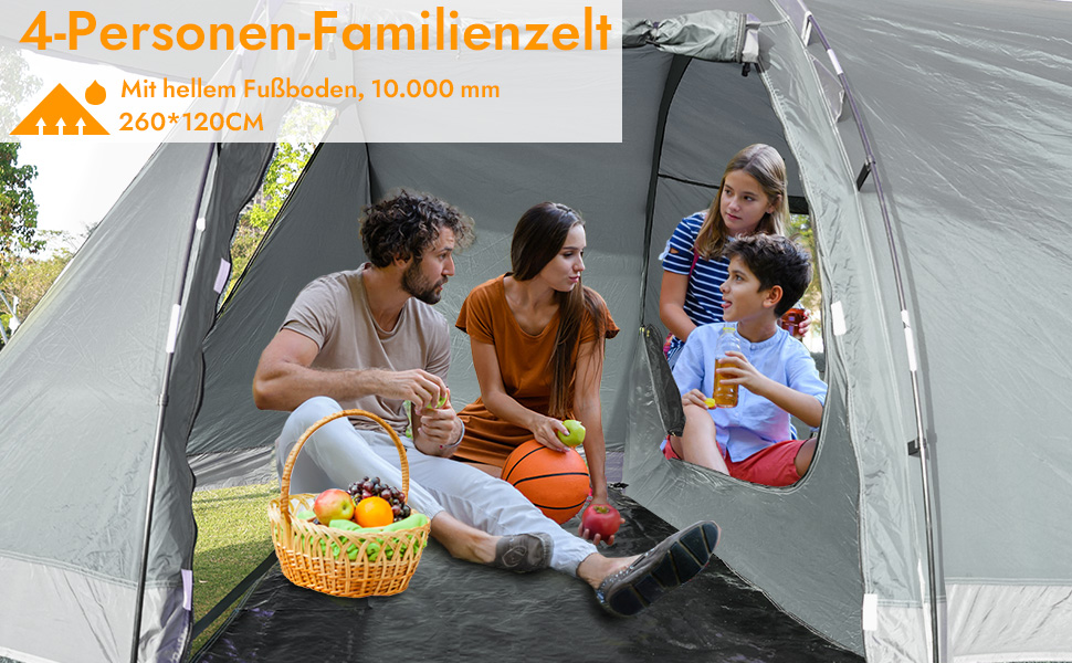 Намет для кемпінгу на 4 особи: водонепроникний тунельний намет для сім'ї та групи, з шатром для сну, сірий