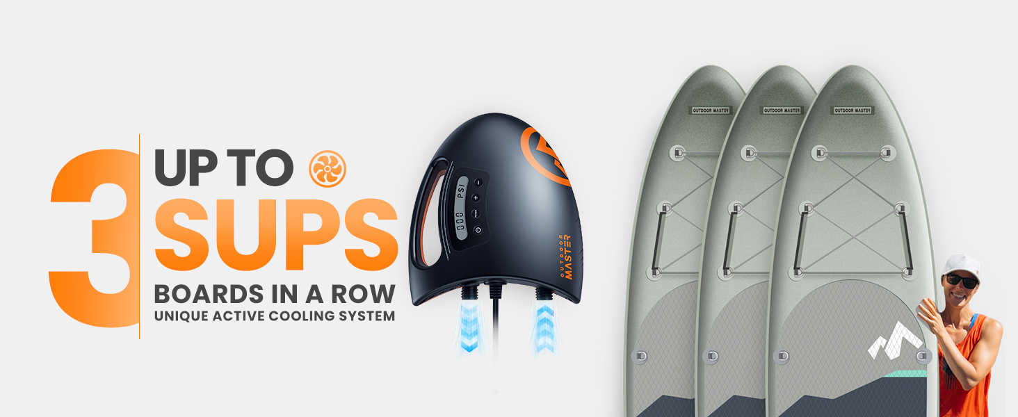 Насос для SUP OutdoorMaster The Shark: електричний, 20PSI, 12V DC, охолодження, автоматичне надування, для SUP, човнів
