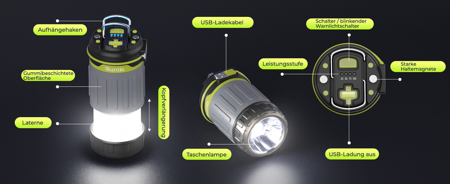 LED кемпінговий ліхтар Quntis, складаний, перезаряджуваний, 4 режими яскравості, аварійне освітлення для кемпінгу, подорожей та надзвичайних ситуацій