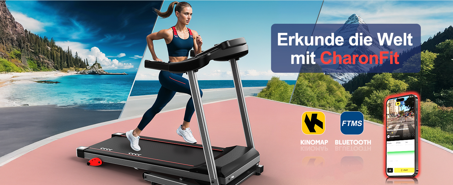CharonFit T300: Складний біговий тренажер для дому з регулюванням нахилу до 12 км/год, 2.5 PS, вантажопідйомність 120 кг, сумісний з додатком, 2 роки гарантії, чорний