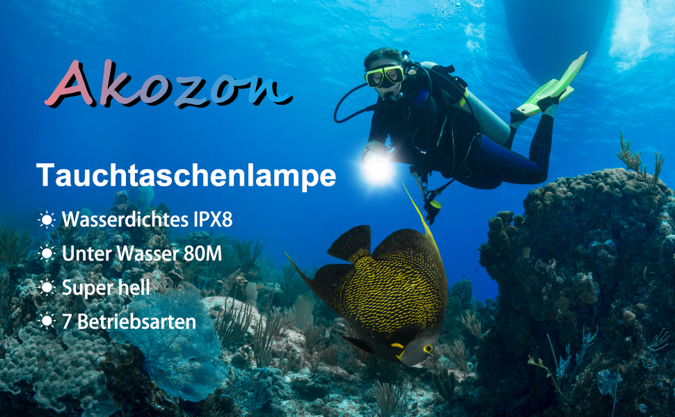 Підводний ліхтар Akozon 18000LM, 500м, 7 режимів, IPX8, з ручкою