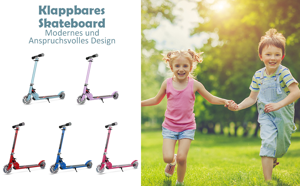 Дитячий ролер GOPLUS Roller Kinder 4, ролер для дітей 4 роки, з LED-підсвіткою, гальмом та підніжкою, регульована висота, алюмінієвий, складний, до 70 кг, блакитний