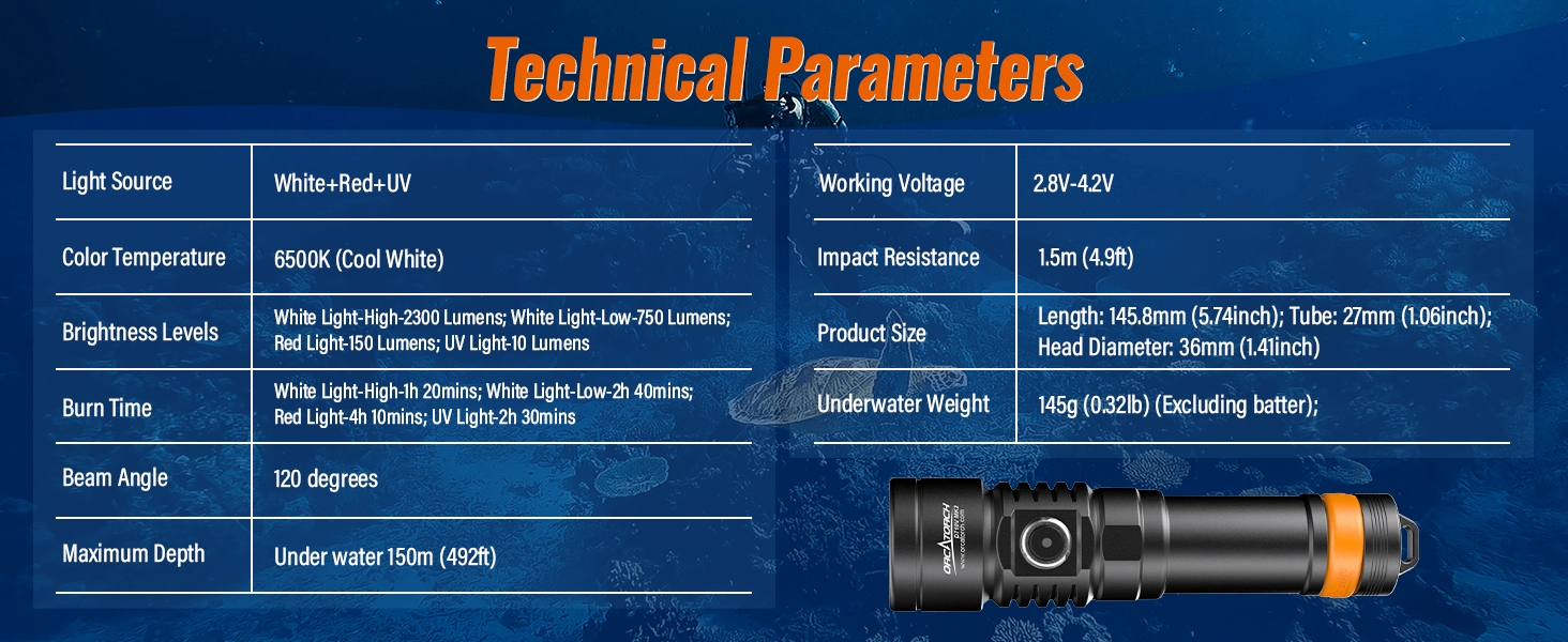 Ліхтар підводний ORCATORCH D710V MK2 з 2300 люменів, білий+UV+червоний світлодіодний, IP68 водонепроникний, 150м, для відеозйомки, дайвінгу, кемпінгу